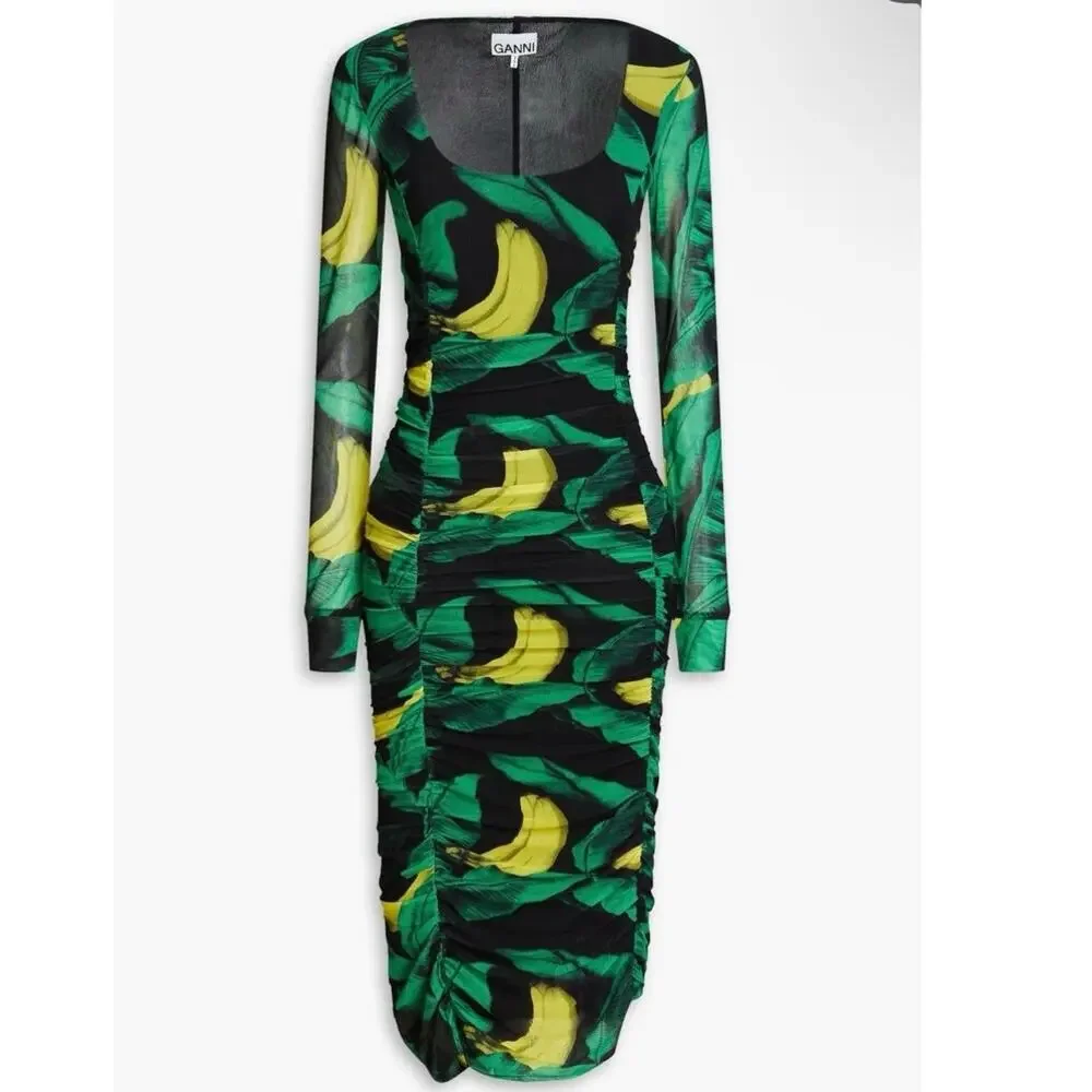 NWT GANNI Ruched Tropical Print Stretch-Mesh Midi Dress Sz. 8 - Picture 2 of 6